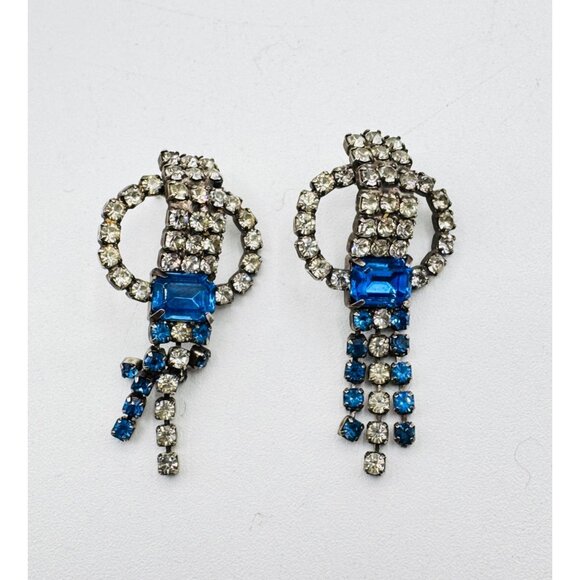 Vintage Art Deco Blue And Clear Prong Set Rhinestone Post Earrings - Picture 2 of 5